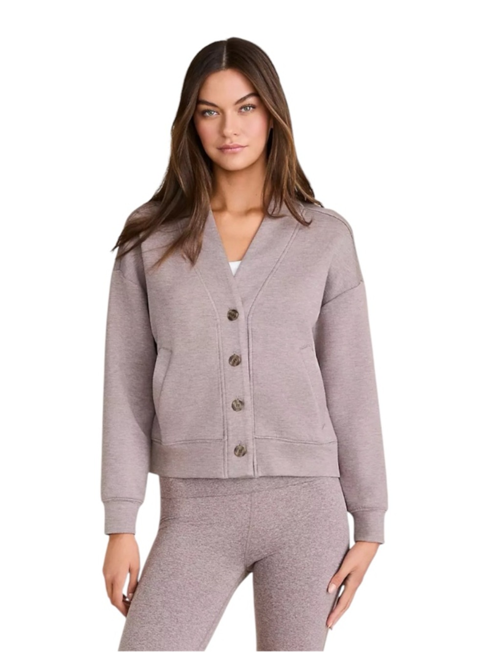 Lou & Grey Heathered Scubasoft V-Neck Pocket Cardigan-Small